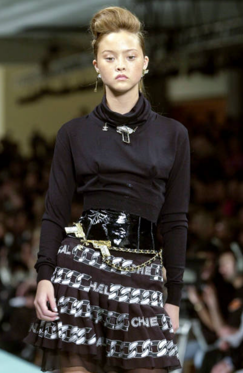Documented Fall 2001 Chanel by Karl Lagerfeld Runway Black & White Silk Logo Skirt