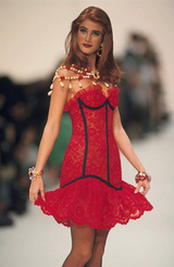 Amazing Spring 1992 Yves Saint Laurent Runway Red Lace Strapless Dress w Grosgrain Detailing