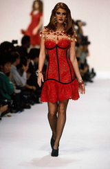 Amazing Spring 1992 Yves Saint Laurent Runway Red Lace Strapless Dress w Grosgrain Detailing
