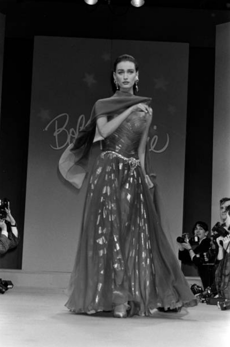 Prettiest Fall 1989 Bob Mackie Runway Silk Chiffon w Metallic Leaf Print Underlay Strapless Dress