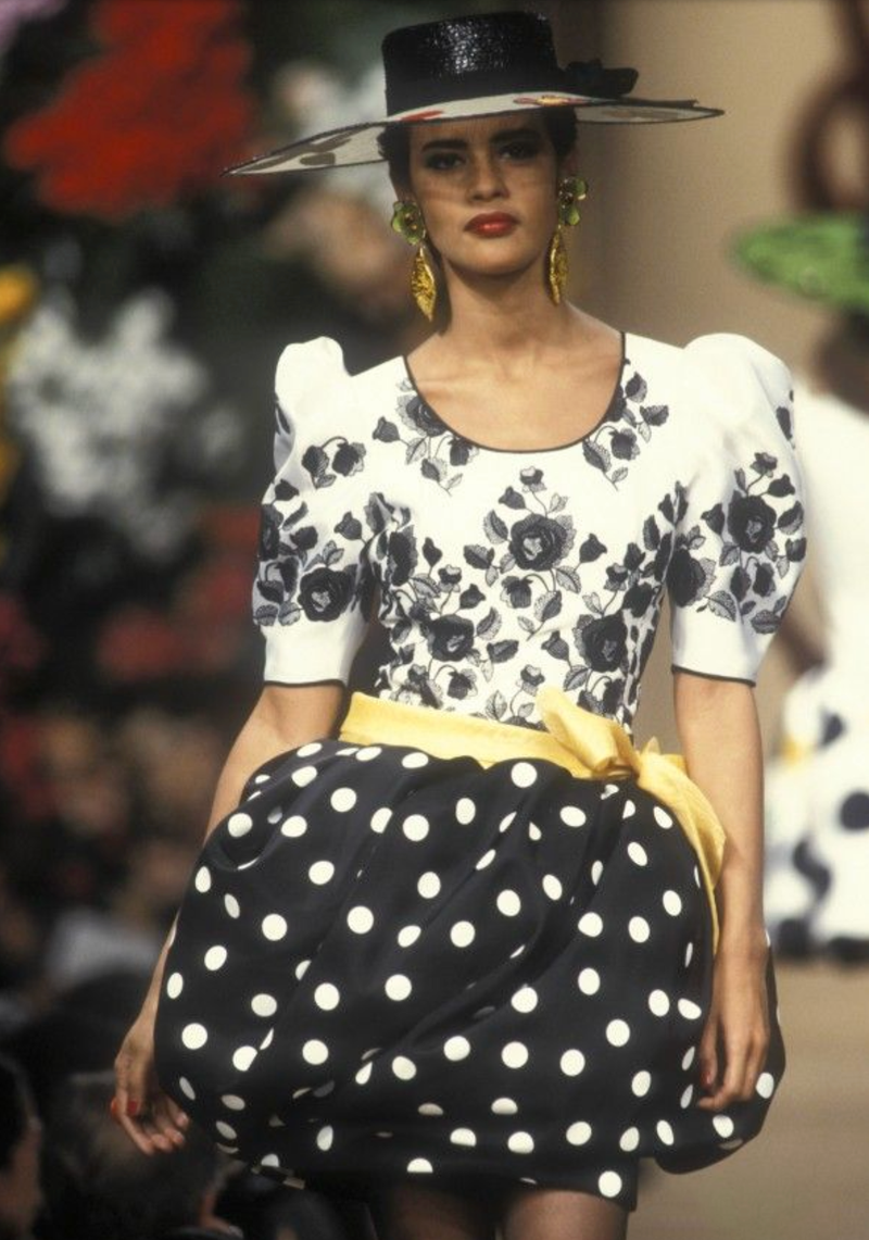 Spectacular Spring 1992 Yves Saint Laurent Haute Couture Look 47 Runway Dot & Embroidered Floral Pouf Dress