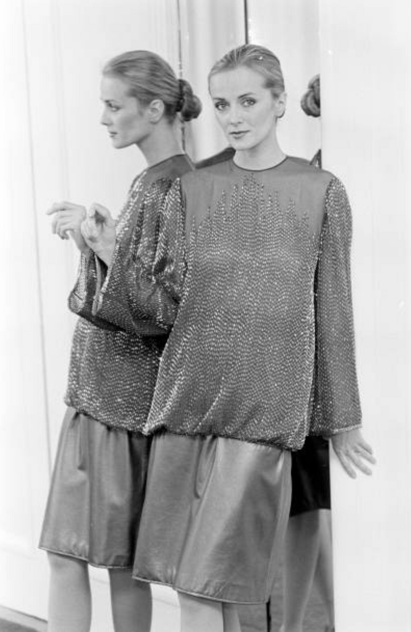 Elegant Fall 1981 John Anthony Couture Hand Beaded Brown Silk Chiffon Top & Skirt Set