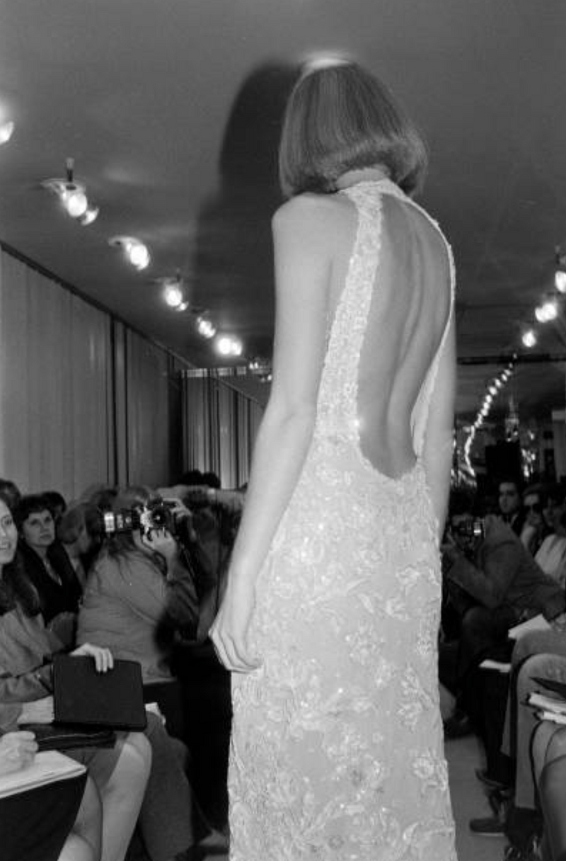 Feather Light Spring 1984 John Anthony Couture Plunging Ivory Lace Dress w Sequin Detailing