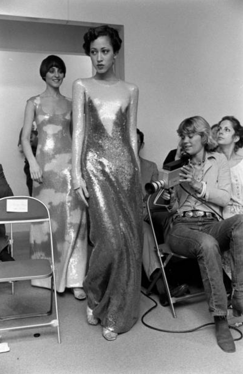 halston dress Iconic 1973 Halston Cloud Dress in Silver Grey & Ivory Covered with Ir – Shrimpton Couture