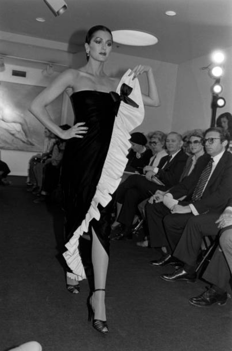 Fall 1979 Bill Blass Ivory Silk Ruffle on Ink Black Velvet Strapless Dress
