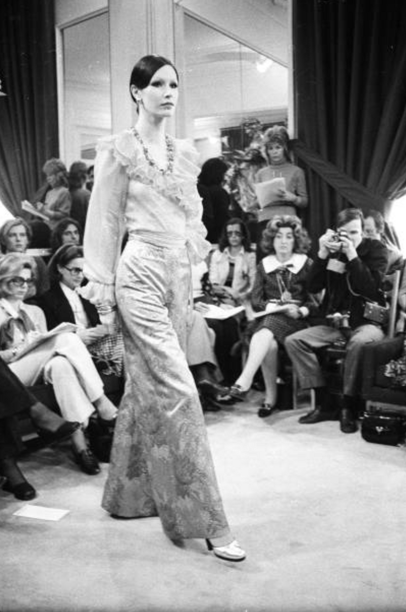Sensational 1972 Yves Saint Laurent Red Floral Silk Chiffon & Red Silk Dress w Balloon Sleeves & Pleat Detailing