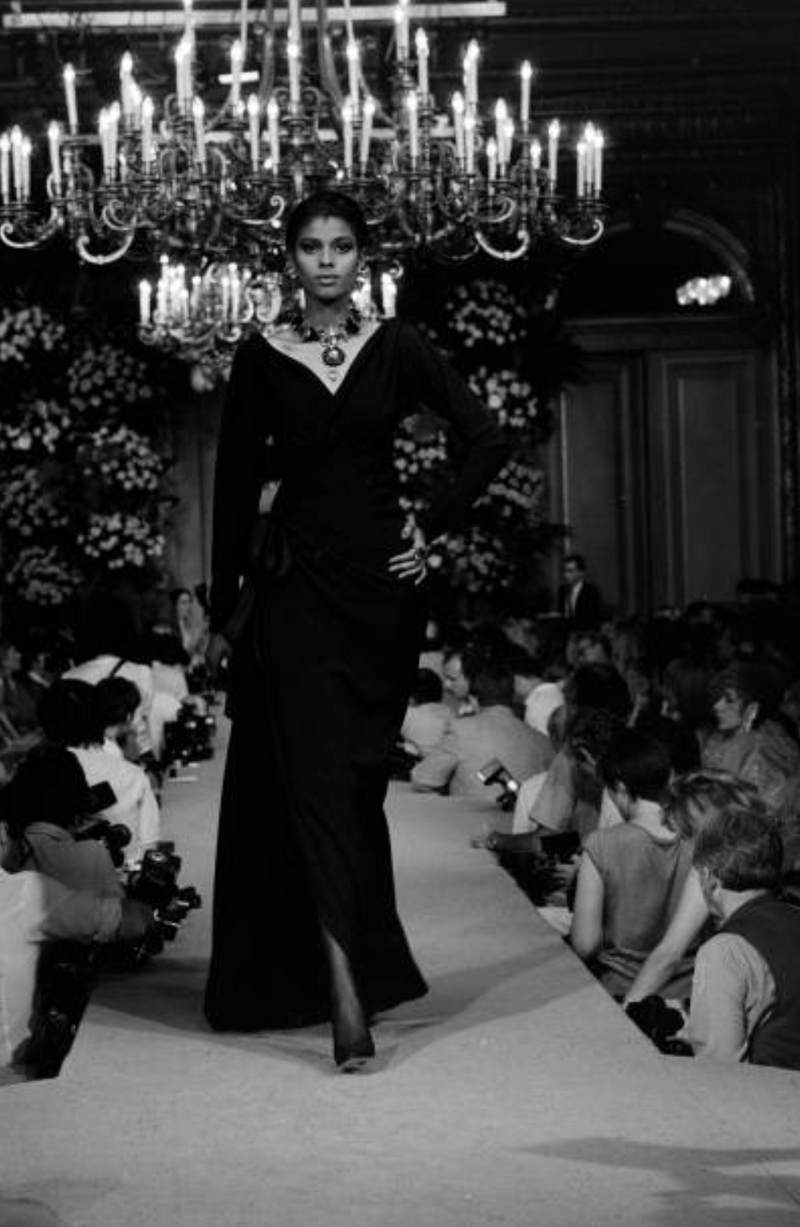 Exceptional Fall 1983 Yves Saint Laurent Haute Couture Runway Black Silk Wrap Dress w Bow Detail