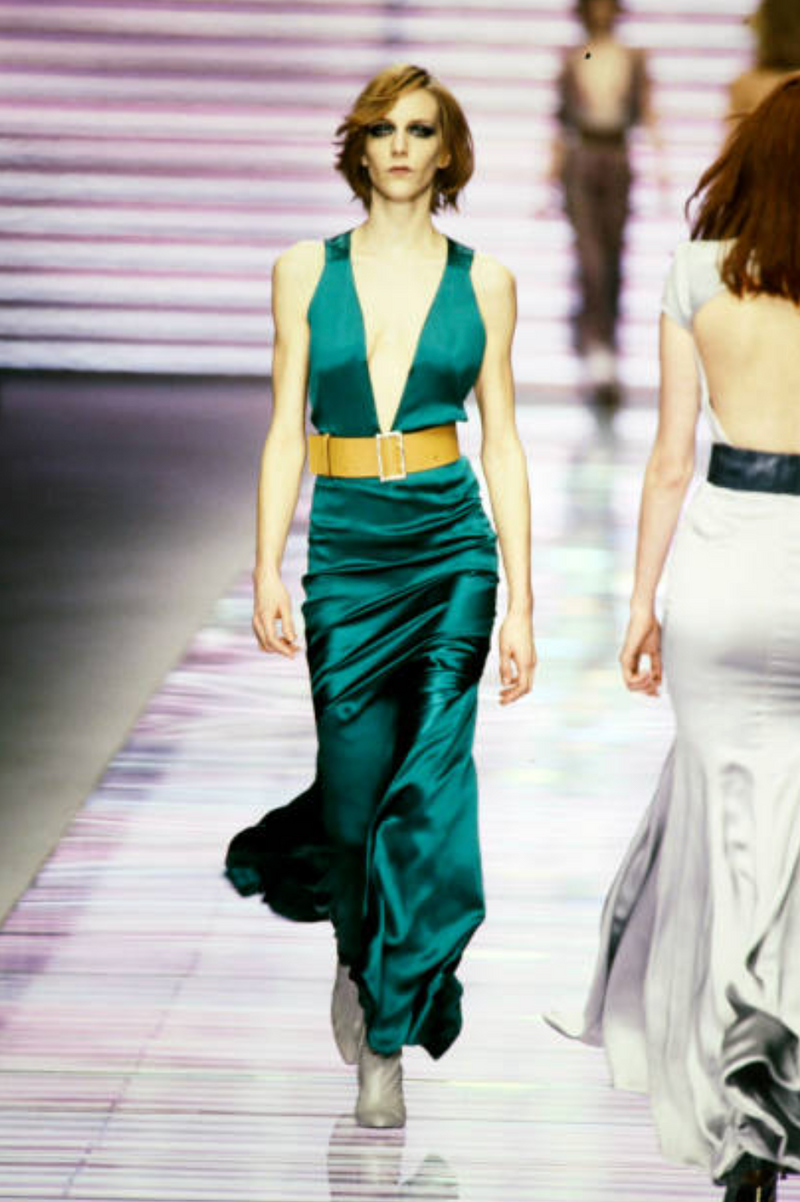 Outstanding Fall 2001 Versace by Donatella Versace Runway Look 54 Green Silk Bias Cut Dress