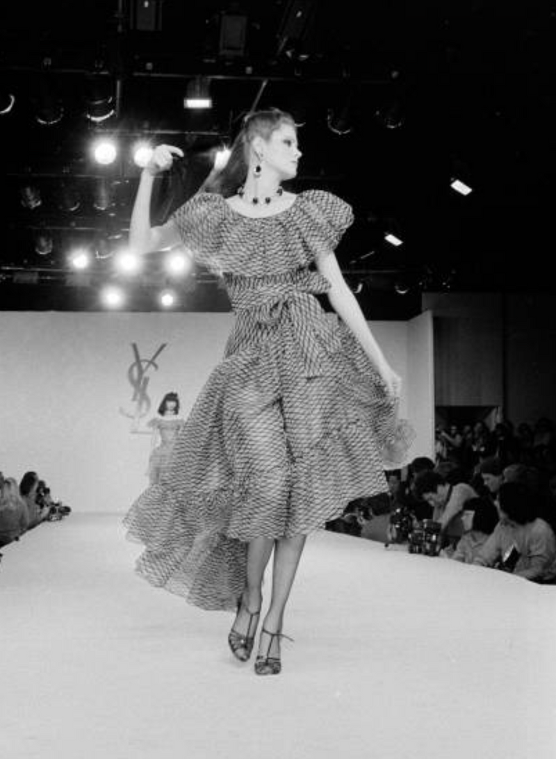 Prettiest Spring 1980 Yves Saint Laurent Floral Cotton Gauze Wide Shoulder Dress w Matching Tie Belt