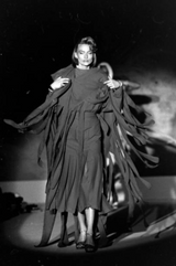 Fantastic c.1983 Thierry Mugler Black Raw Silk Vertical Panel Dress w Car Wash Hem & Silk Chiffon
