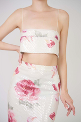 Spring 2001 Balmain by Oscar de la Renta Silk Floral Jacket, Skirt & Bandeau Dress Set Covered in Iridescent Sequins