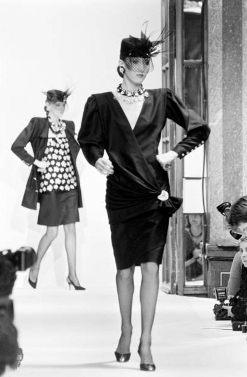 Fabulous Spring 1985 Emanuel Ungaro Haute Couture Runway Black Stripe Jacket & Skirt Set
