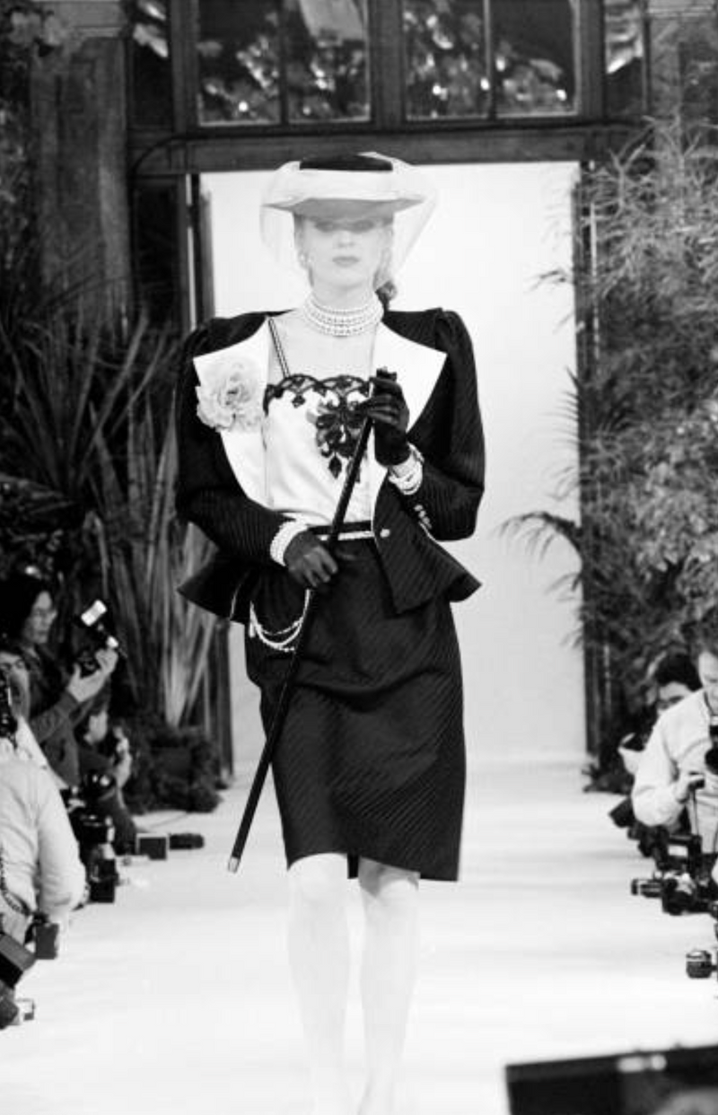 Fantastic Spring 1984 Emanuel Ungaro Haute Couture Black Stripe Jacket & Skirt Suit + Pink Camisole