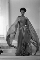 Fall 1989 Oscar de la Renta Iridescent Green Gold Silk Chiffon Strapless Dress w Matching Cape