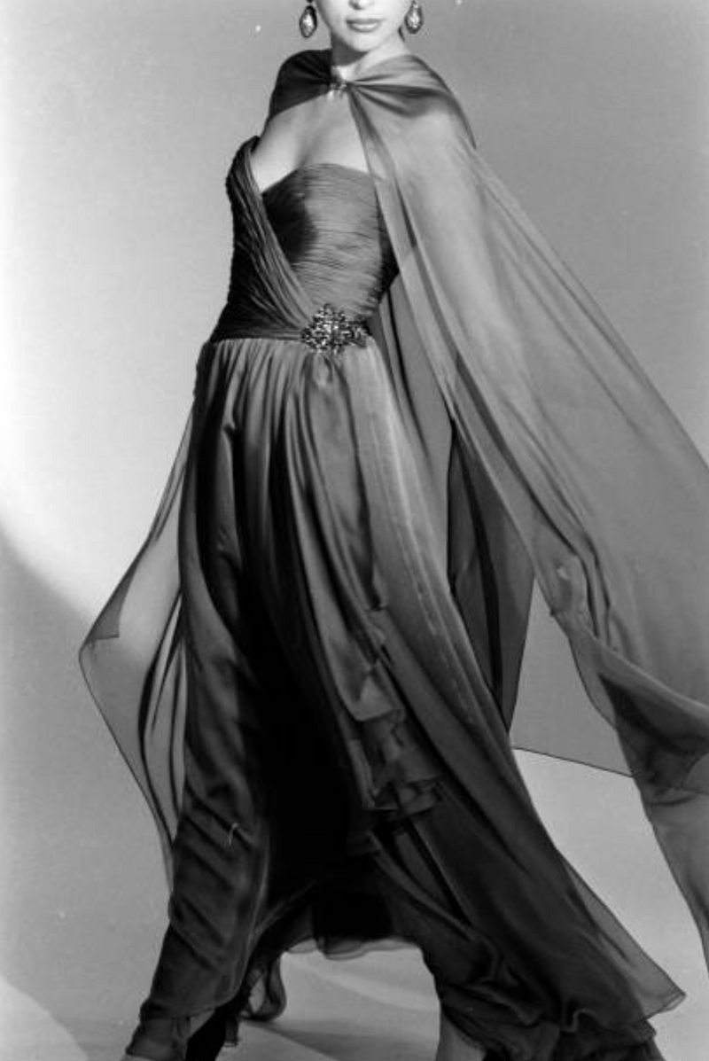 Fall 1989 Oscar de la Renta Iridescent Green Gold Silk Chiffon Strapless Dress w Matching Cape