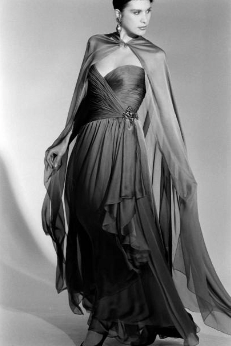 Fall 1989 Oscar de la Renta Iridescent Green Gold Silk Chiffon Strapless Dress w Matching Cape