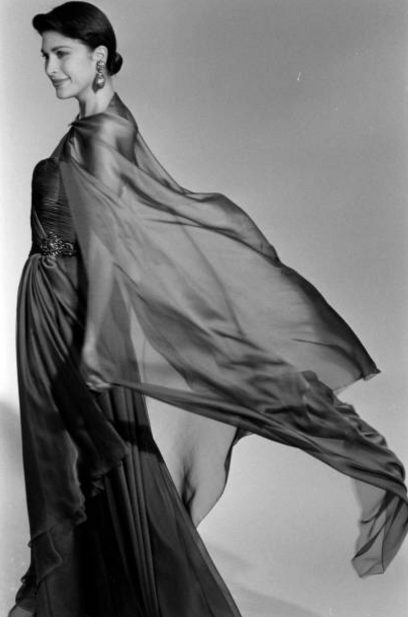 Fall 1989 Oscar de la Renta Iridescent Green Gold Silk Chiffon Strapless Dress w Matching Cape