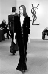 Fall 1998 Yves Saint Laurent Runway Black Velvet Dress w Elaborate Black Sequin Detailing