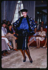 Divine Fall 1979 Yves Saint Laurent True Haute Couture Blue Silk Harlequin Print Dress w Ruffled Cuffs