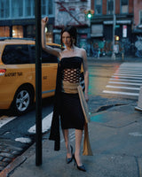 Fantastic Spring 2001 Jean Paul Gaultier Runway Multi Length Mesh Band Dress w Jersey Face Print Skirt
