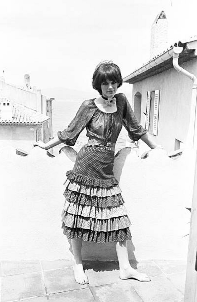 Prettiest Spring 1971 Yves Saint Laurent Documented Dotted Ruffle Skirt & Tie Halter Top Set