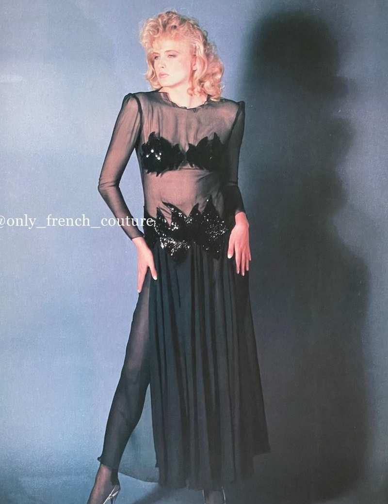 1973 Loris Azzaro Couture Black Flame Sequin Detailing & Feather Light Silk Chiffon Dress