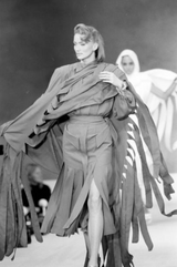 Fantastic c.1983 Thierry Mugler Black Raw Silk Vertical Panel Dress w Car Wash Hem & Silk Chiffon