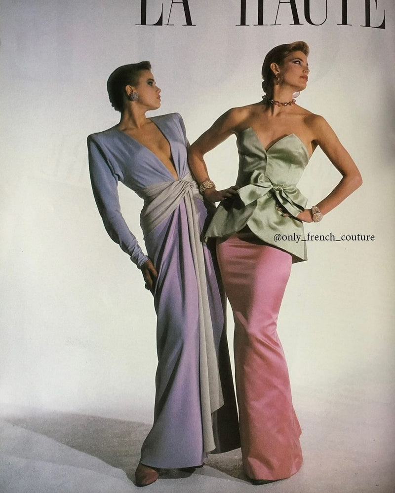 Spring 1985 Yves Saint Laurent Haute Couture Pink Silk Dress w Purple Bodice & Long Front Panel Detail