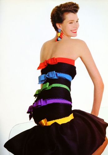 Spring 1987 Yves Saint Laurent Grosgrain, Dotted Net & Silk Strapless Dress w Bows