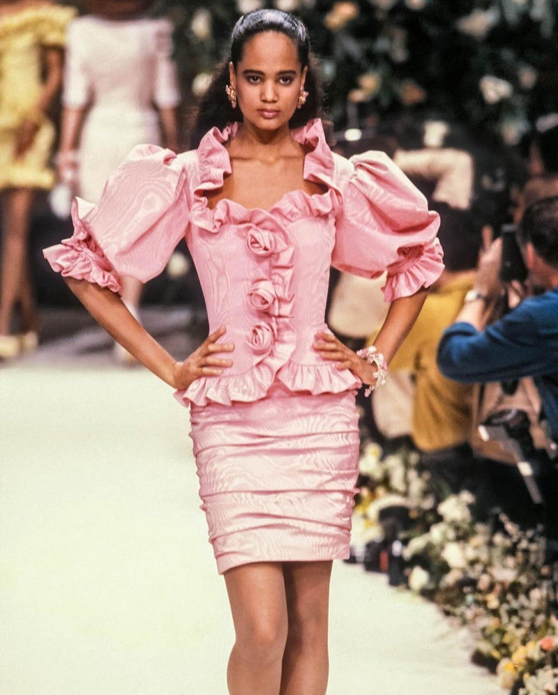 Phenomenal Spring 1988 Jean Louis Scherrer Haute Couture Pink Ruffle Suit w Balloon Sleeves