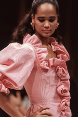 Phenomenal Spring 1988 Jean Louis Scherrer Haute Couture Pink Ruffle Suit w Balloon Sleeves
