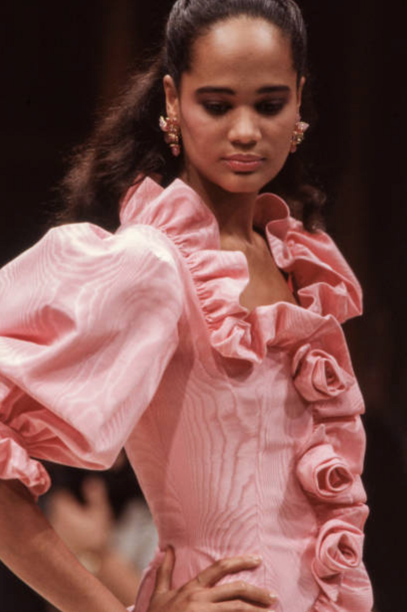 Phenomenal Spring 1988 Jean Louis Scherrer Haute Couture Pink Ruffle Suit w Balloon Sleeves