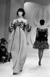 Book Documented Spring 1988 Bill Blass Bright Pink Silk & Black Net Ruffle Dress w Pouf Sleeves