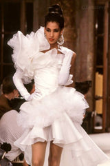Spring 1988 Emanuel Ungaro Haute Couture Ivory Silk, Silk Net & Dotted Tulle One Shoulder Trained Mini Dress