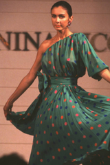 Demi-Couture Spring 1989 Nina Ricci Runway Dotted Silk Skirt & Silk Chiffon One Shoulder Top Set