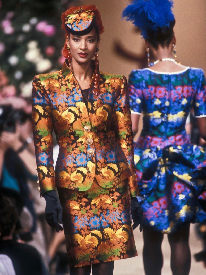 Spectacular Spring 1990 Yves Saint Laurent Haute Couture Silk Damask Runway Suit w Amazing Pearl Jewel Buttons