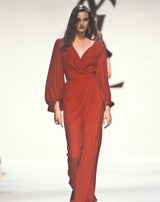 Gorgeous Spring 1990 Yves Saint Laurent Runway Red Silk Crepe Wrap Dress
