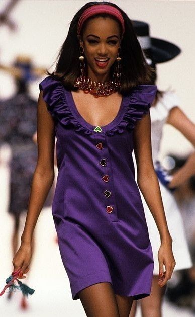 Spring 1992 Yves Saint Laurent Ad Campaign Purple Dress w Green & Red Enamel Heart Buttons
