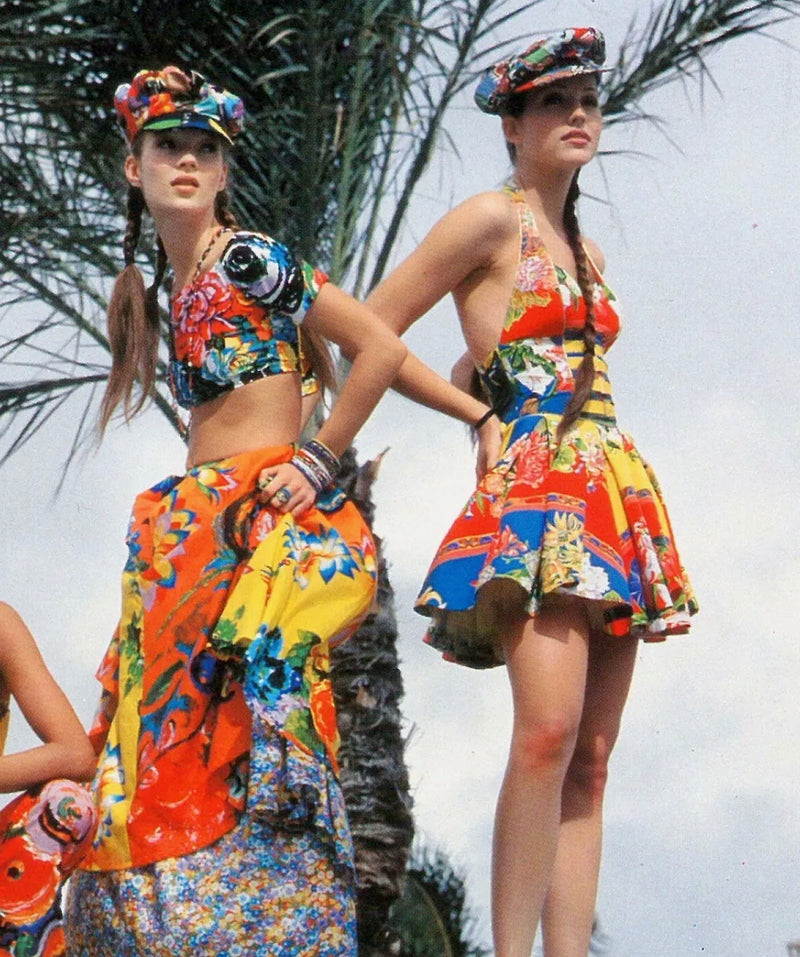 Iconic Spring 1992 Versace by Gianni Versace Jeans Couture Floral Print Full Skirt Halter Mini Dress