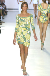 Iconic Spring 2004 Chloe by Phoebe Philo Runway Look 18 Banana Print Dress Side Cuts Outs