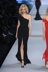 Spring 2008 Christian Dior by John Galliano Deep Blue Silk Chiffon One Shoulder Dress w Beading