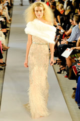 Dreamy Spring 2012 Oscar de la Renta Runway Look 47 Nude Pink Feather Dress w Silver Thread Flowers Detailing