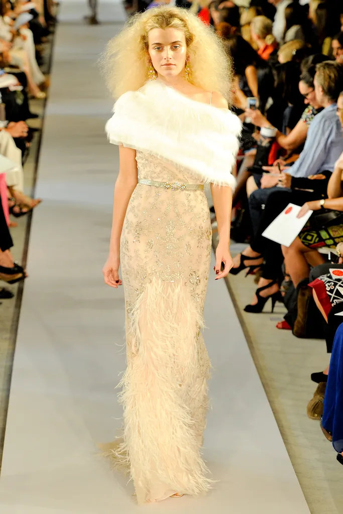 Dreamy Spring 2012 Oscar de la Renta Runway Look 47 Nude Pink Feather Dress w Silver Thread Flowers Detailing
