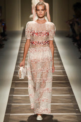 Spring 2016 Etro by Veronica Etro Runway Look 6 Ivory Net Lace Dress w Embroidered Silk Panels
