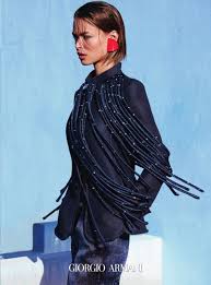 Ad Campaign Spring 2016 Giorgio Armani Runway Look 29 Three Piece Navy Top, Pant & Neckpiece Set