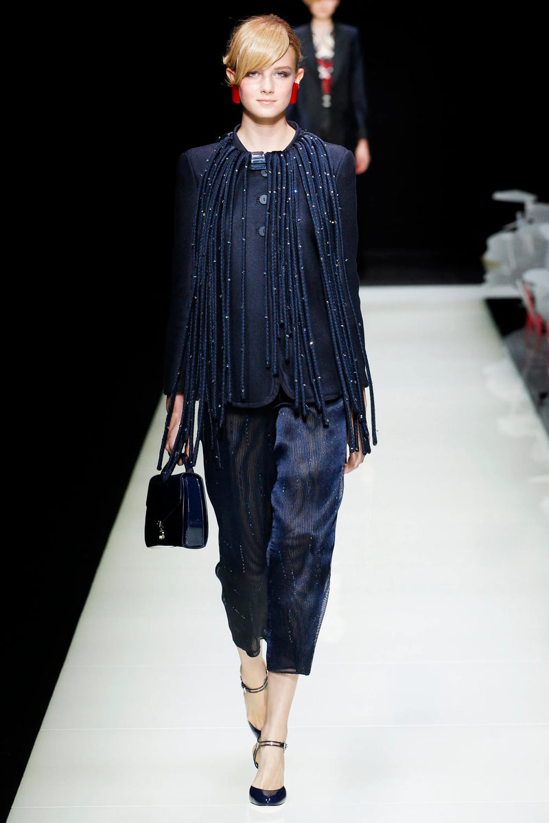 Ad Campaign Spring 2016 Giorgio Armani Runway Look 29 Three Piece Navy Top, Pant & Neckpiece Set