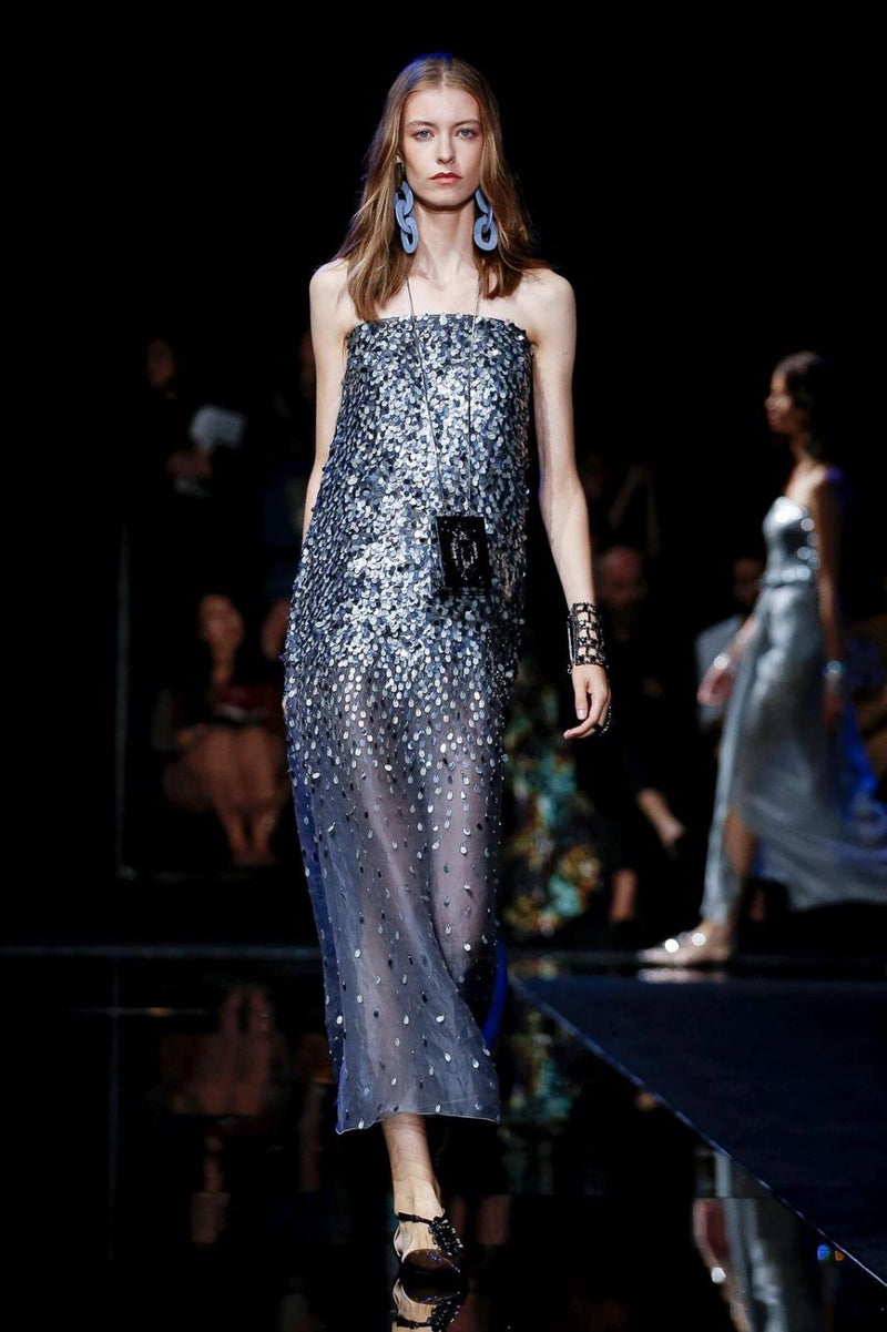 Easy-to-Wear Spring 2020 Emporio Armani Runway Look 59 Grey Silk Organza Silver Sequin Dress