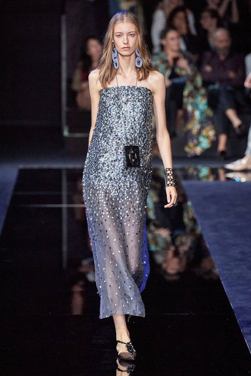 Easy-to-Wear Spring 2020 Emporio Armani Runway Look 59 Grey Silk Organza Silver Sequin Dress