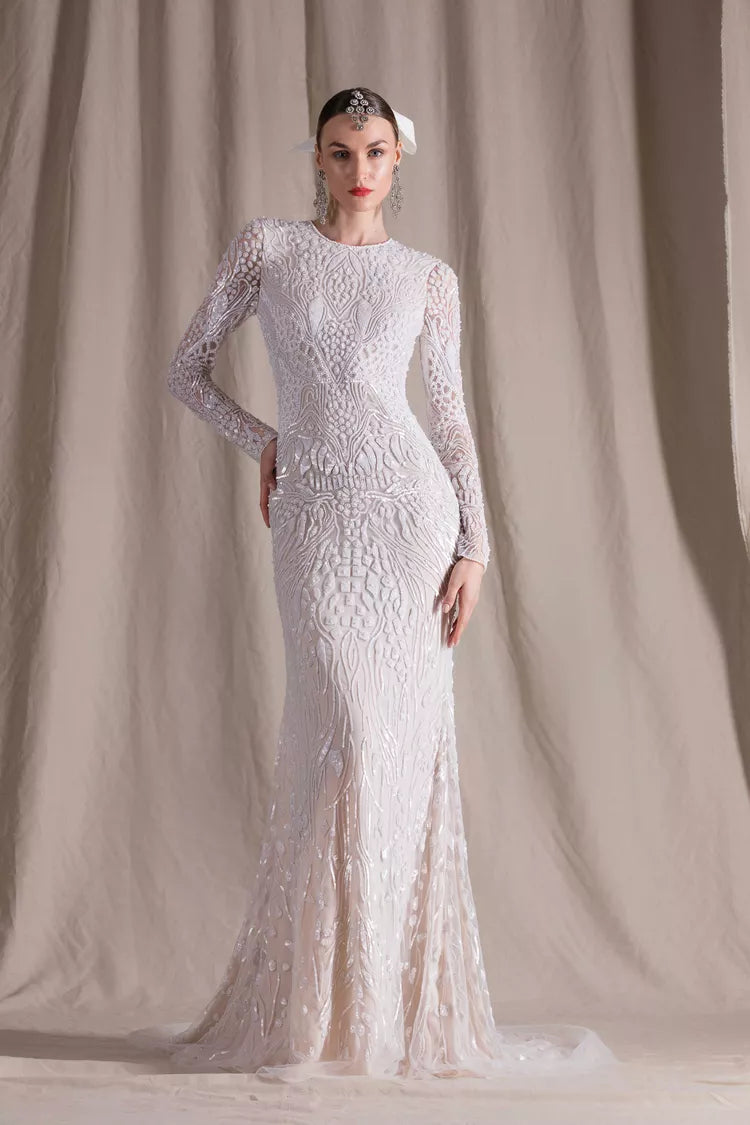 Beautiful Spring 2022 Naeem Khan Bridal Collection 'Salinas' Ivory Net Dress w Sequin Pattern & Trained Skirt