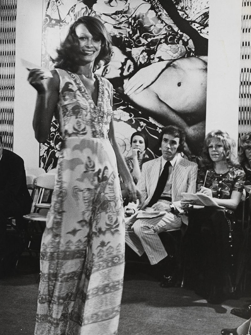 Rare 1971 Thea Porter Actual Book Piece Silk Cotton Gauze Dress w Sheila Hudson Horseman Print